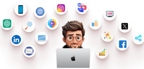 Digital marketer with laptop and social media icons